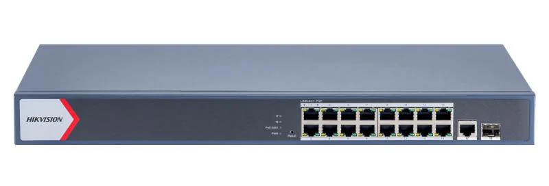 Switch PoE Hikvision DS-3E1518P-EI/M: 16 x gigabit PoE RJ45 ports, 1 × gigabit RJ45 port, 1 x gigabit fiber optical port, 16 porturi PoE maxim 30W, buget PoE 130W, tensiune alimentare 100~240 VAC, 50/60 Hz, Max. 2.5 A, dimensiuni: 440.0 mm × 220.8 mm ×
