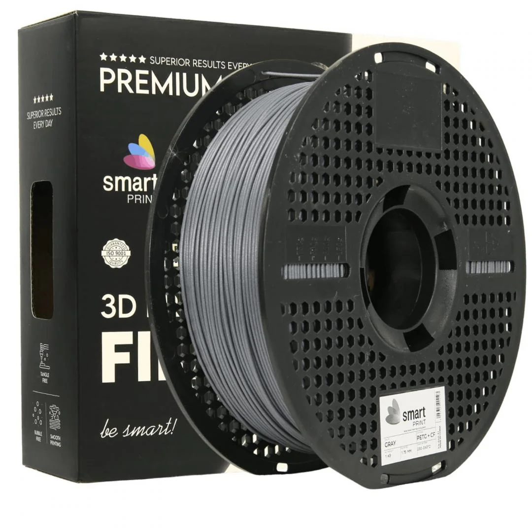 SMART PRINT 3D FILAMENT 1KG PETG+CF GRAY, continut de fibra de carbon, reztenta la deformare, rezistenta la caldura sporita, recomandare utilizare impreuna cu imprimanta cu incinta inchisa. Diametru: 1.75mm, Greutate: 1kg, Temperatura duza: 255C - 270C, Professional Lab