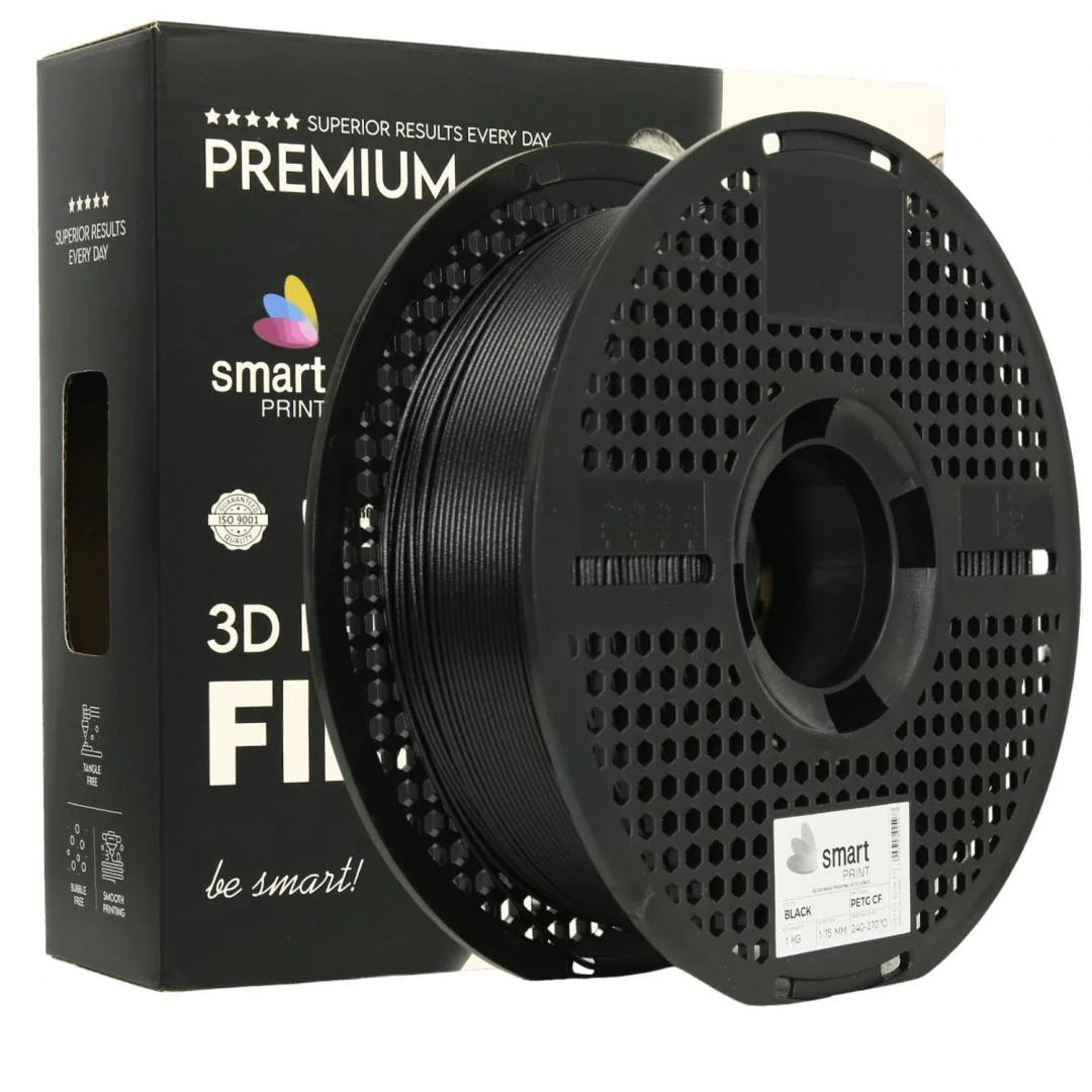 SMART PRINT 3D FILAMENT 1KG PETG+CF BLACK, continut de fibra de carbon, reztenta la deformare, rezistenta la caldura sporita, recomandare utilizare impreuna cu imprimanta cu incinta inchisa. Diametru: 1.75mm, Greutate: 1kg, Temperatura duza: 255C - 270C, Professional Lab