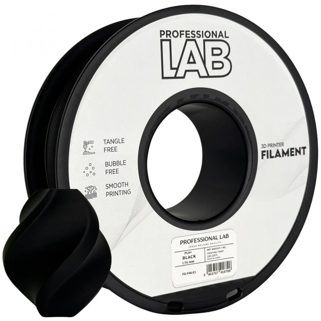 PROF. LAB 3D FILAMENT 1KG PLA+ BLACK, Diametru: 1.75mm, Greutate: 1kg, Temperatura duza: 200C โ 220C, temperatura platforma printare: 50C โ 60C, culoare: Negru, PLA+ este o versiune revizuita a PLA standard, mai durabil, mai putin casant, rezistenta mai Professional Lab