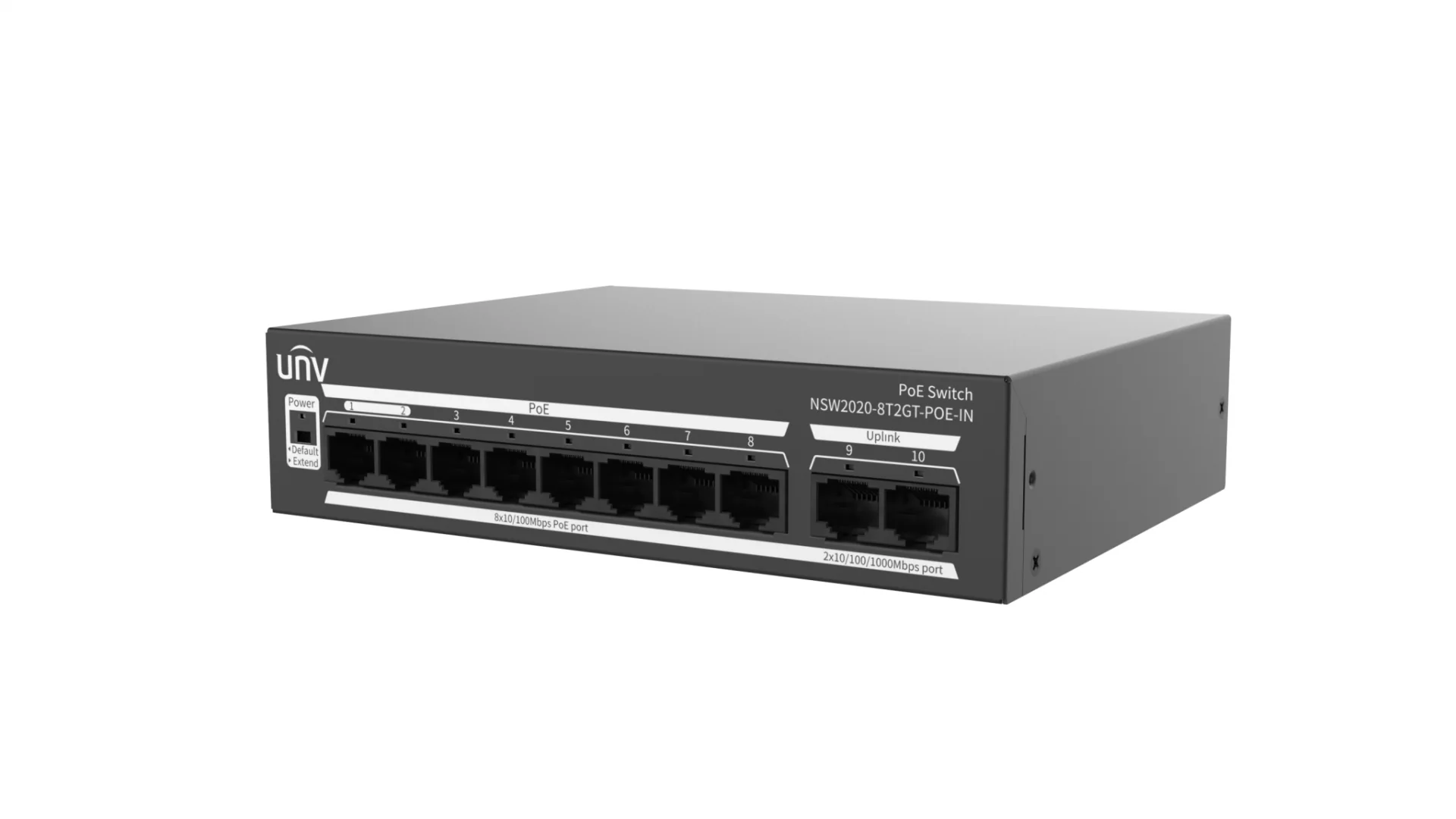 Switch Uniview NSW2020-8T2GT-POE-IN; Porturi:8×100Mbps network ports (RJ45)+2×1000Mbps ports, including 8 PoE ports; Maxim 30 W per port, Buget 120 W; Performanta: Switching capacity 5.6 Gbps, Forwarding 4.17Mpps; Functii: Up to 250m transmission Uniview
