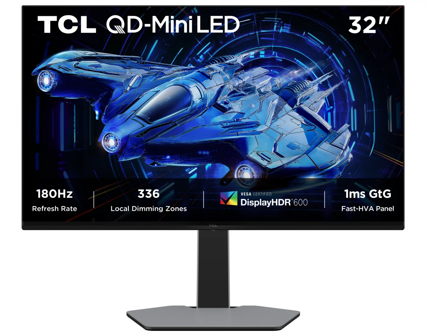 Monitor TCL Gaming QD-Mini LED 32G64 31.5", QHD (2560x1440), Fast-HVA, 180Hz, 1ms GTG, HDR600, Freesync & G-SYNC Compatible, Flicker-Free, Low Blue Light, difuzoare 3Wx2, 2x HDMI 2.1, DisplayPort 1.4, VESA 100x100mm, Pivot, negru TCL