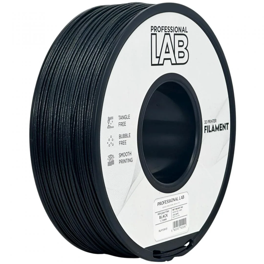 PROF. LAB FILLAMENT ASA GLASS FIBER BK, Material: ASA, Rezistenta UV, rezistenta sporita datorita insertiilor de fibra de sticla, finisaj mat,ideal pentru exterior, componente auto pana la 100 grade, Diametru: 1.75mm, Greutate: 1kg, Temperatura printare: Professional Lab
