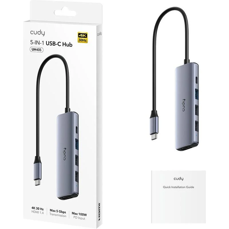 Hub USB CUDY 5-IN-1 USB Hub, USB-C, 5 porturi, HDMI, Argintiu Cudy