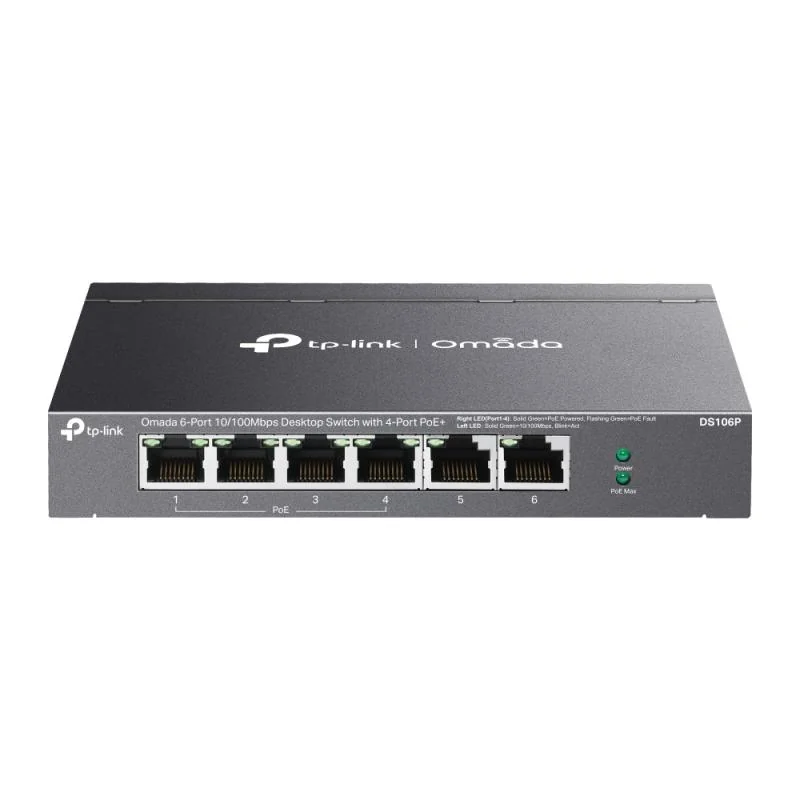 Omada 6-Port 10/100 Mbps Desktop Switch with 4-Port PoE+ PORT: 4× 10/100 Mbps PoE+ Ports, 2× 10/100 Mbps Non-PoE Ports SPEC: 802.3at/af, 67 W PoE Power, Desktop Steel Case FEATURE: Extend Mode for 250m PoE Transmitting, Priority Mode for Port1-2, Plug TP-Link