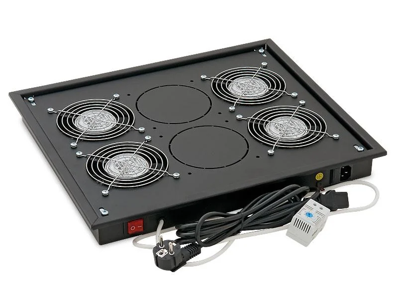 Panou ventilatie Triton pentru rack de podea 19", 4 ventilatoare 230V/60W cu termostat, flux axial, negru Triton