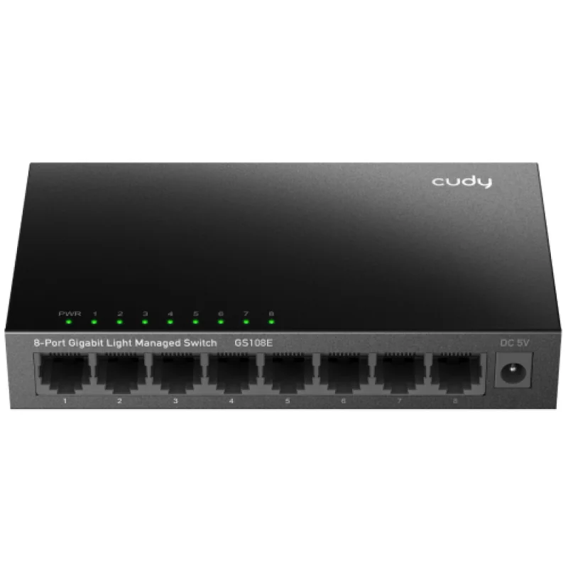 8-Port Gigabit Light Managed Switch, 8 10/100/1000M RJ45 Ports, Desktop Metal Case, Power Saving, Plug & Play, Local management via WEB GUI, support STP/RSTP, 802.1Q/MTU/Port Based/Voice VLAN, Static Link Aggregation, Storm Control, 802.3 Flow Cudy