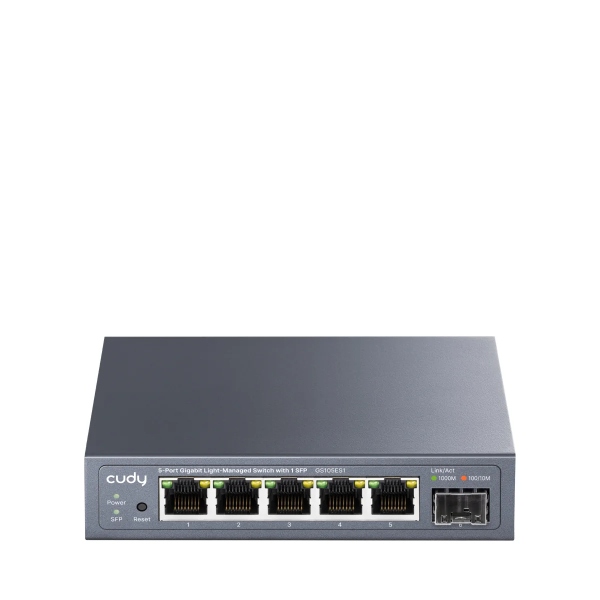 5-Port Gigabit Easy-Managed Switch, 5× GbE, 1× 1.25G SFP, VLAN (802.1Q/MTU/Port-Based), QoS (802.1p/DSCP/Port-Based), gri Cudy