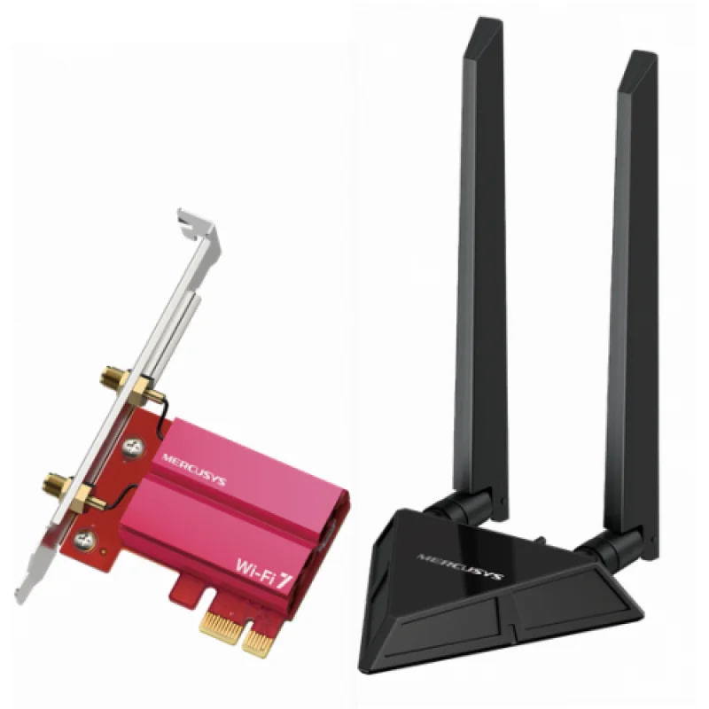 BE9300 WiFi 7 Bluetooth 5.4 PCIe Adapte, IEEE 802.11 ax/be 6 GHz, IEEE 802.11 a/n/ac/ax/be 5 GHz, IEEE 802.11 b/g/n/ax/be 2.4 GHz, 5765 Mbps on 6 GHz, 2882 Mbps on 5 GHz, 688 Mbps on 2.4 GHz Mercusys