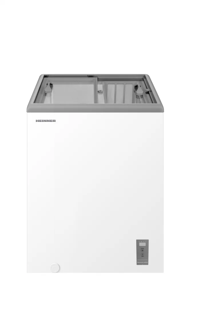 Lada frigorifica cu capac glisant Heinner HSF-M82INVWHB, compresor Inverter, clasa energetica: B, functionare convertibila (Frigider/Congelator), capac glisant din sticla, capacitate totala: 82L, control electronic, display digital, functie Super Heinner