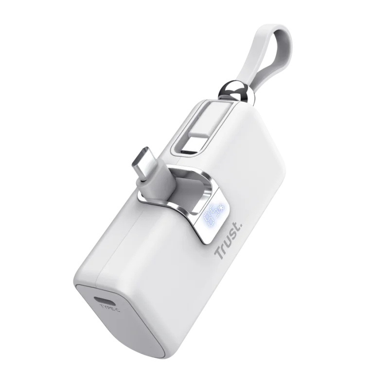Pocket Powerbank Trust Pacto, capacitate 5000 mAh, timp reincarcare baterie 2 ore, conectivitate USB-C, alb Trust