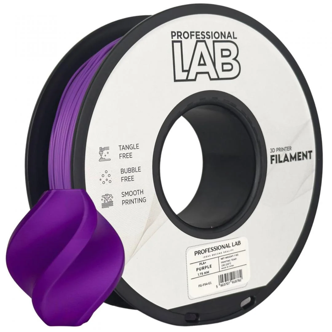 PROF. LAB 3D FILAMENT 1KG PLA+ Purple, Diametru: 1.75mm, Greutate: 1kg, Temperatura duza: 200C โ 220C, temperatura platforma printare: 50C โ 60C, culoare: Negru, PLA+ este o versiune revizuita a PLA standard, mai durabil, mai putin casant, rezistenta mai Professional Lab
