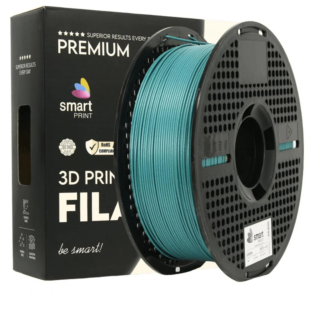 SMART PRINT 3D FILAMENT 1KG PETG+CF GREEN, continut de fibra de carbon, reztenta la deformare, rezistenta la caldura sporita, recomandare utilizare impreuna cu imprimanta cu incinta inchisa. Diametru: 1.75mm, Greutate: 1kg, Temperatura duza: 255C - 270C, Professional Lab
