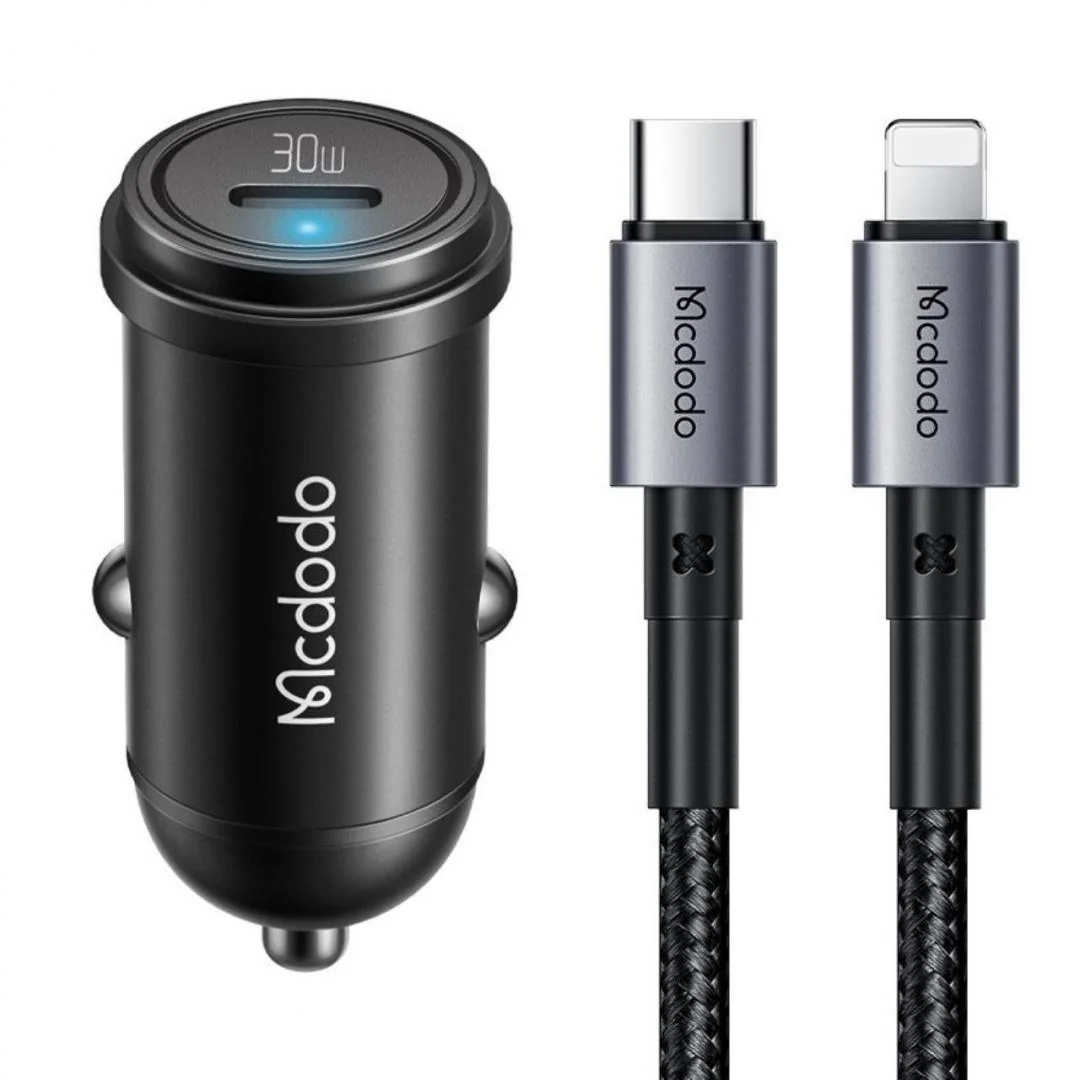 Set Incarcator Auto 1xType-C Fast Charging PD 30W, cablu Type-C la Lightning 1.2m, negru Mcdodo