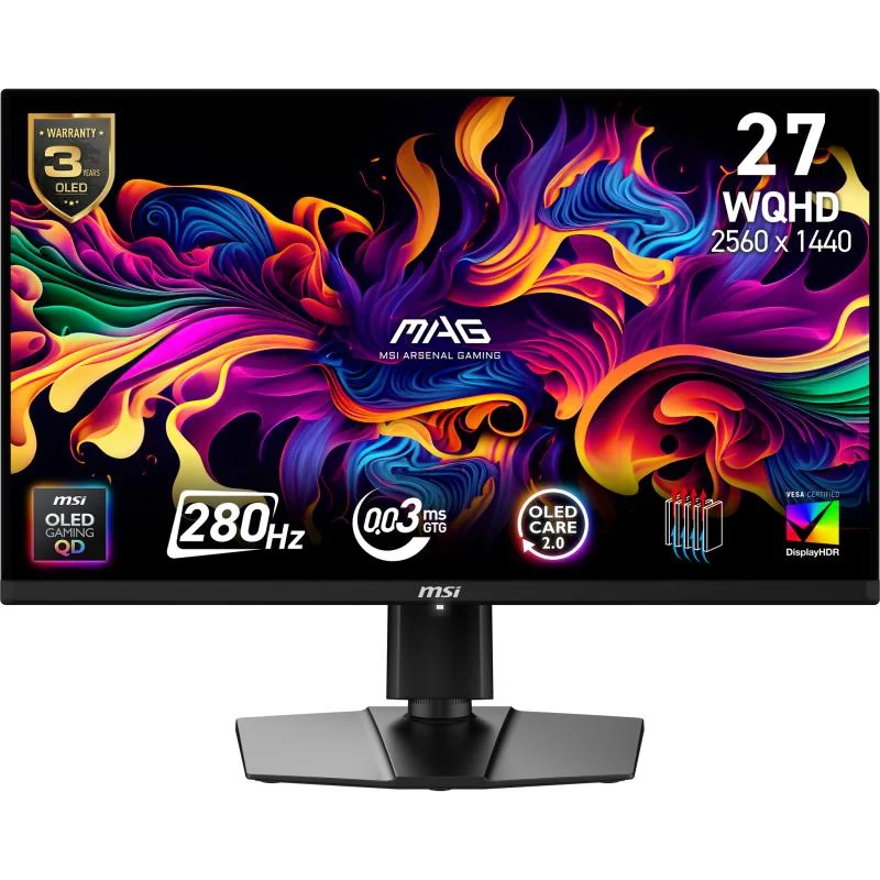 MAG 271QP QD-OLED X28. Display diagonal: 67.3 cm (26.5"), Display resolution: 2560 x 1440 pixels, HD type: Wide Quad HD, Display technology: QD-OLED, Display surface: Matt, Response time: 0.03 ms, Native aspect ratio: 16:9, Viewing angle, horizontal: MSI