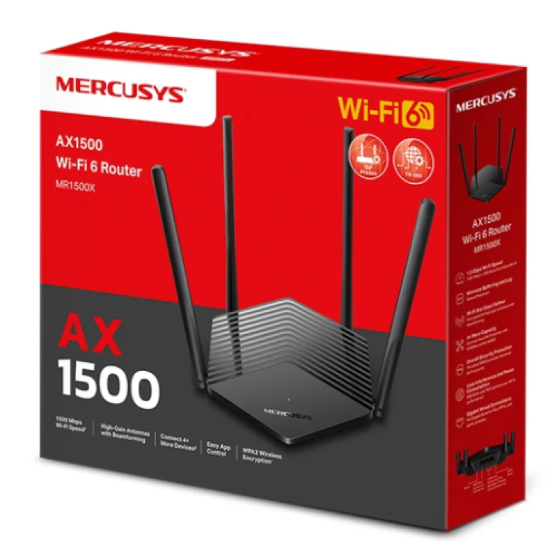 MR1500X. WAN connection type: RJ-45. Wi-Fi band: Dual-band (2.4 GHz / 5 GHz), Top Wi-Fi standard: Wi-Fi 6 (802.11ax), WLAN data transfer rate (max): 1201 Mbit/s. Ethernet LAN interface type: Gigabit Ethernet, Ethernet LAN data rates: 10,100,1000 TP-Link