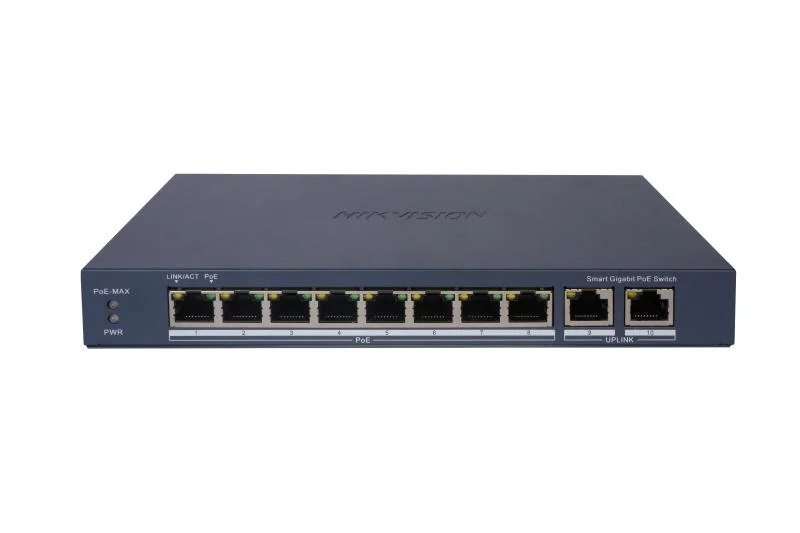 Switch PoE Hikvision DS-3E1510P-EI: 8 × Gigabit PoE port, 2 × Gigabit RJ45 port maxim 30W, buget PoE 110W, tensiune alimentare 54VDC, 2.22A, dimensiuni: 217.6 mm × 27.6 mm × 108.5 mm, greutate: 0.54kg, montare pe birou sau pe perete.