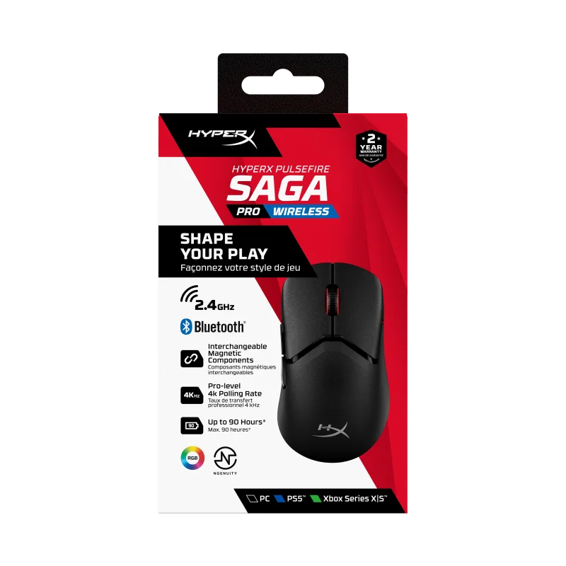 Mouse wireless HP Hyperx Pulsefire Saga Pro, rezolutie 26000 dpi, 6 butoane, HyperX 26K Sensor, Iluminare RGB, baterie 450mAh Li-ion, Autonomie 90 ore, negru