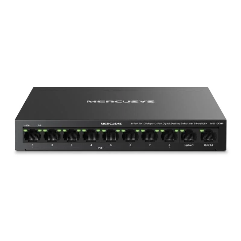 Switch desktop Mercusys 8-Port 10/100 Mbps + 2-Port Gigabit Desktop Switch with 8-Port PoE+, IEEE 802.3x Flow Control, 5.6 Gbps, dimensiuni 6.7 Γ 3.9 Γ 1.1 in (171 Γ 98 Γ 27 mm) Mercusys