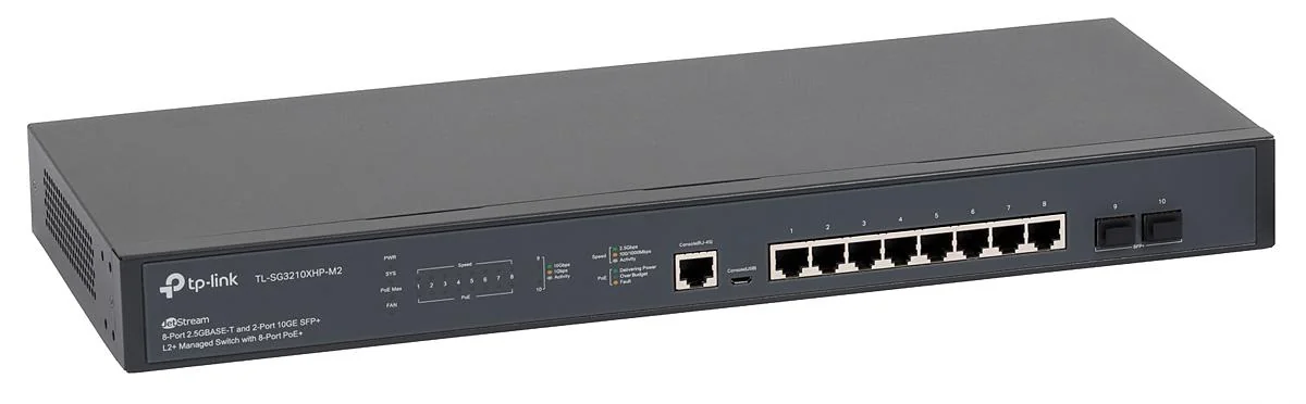 "JetStream™ 8-Port 2.5GBase-T and 2-Port 10GE SFP+ L2+ Managed Switch with 8-Port PoE+ PORT: 8× 2.5G PoE+ Ports, 2× 10G SFP+ Slots, RJ45/Micro-USB Console Port SPEC: 802.3at/af, 240 W PoE Power, 1U 19-inch Rack-mountable Steel Case FEATURE: Integration TP-Link