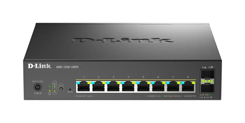 Switch D-Link DMS-1250-10SPL, 8 porturi Gigabit, 2 porturi SFP+, Protocol 802.3bt+802.3af/at, rackabil