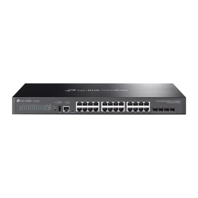 Omada 24-Port Gigabit Stackable Lite L3 Managed Switch with 4 10G Slots PORT: 24× Gigabit RJ45 Ports, 4× 10G SFP+ Slots, RJ45/USB Type C Console Port, 1× USB2.0 Port SPEC: 1U 19-inch Rack-mountable Steel Case FEATURE: Centralized Managed by Omada SDN TP-Link