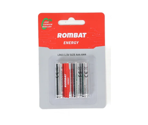 Bateriile alcaline Rombat se comercializează la cutie colectiva de 12 blistere a câte 4 bucăți. ➢ Tensiune nominală: 1,5V ➢ Temperatură de operare: -30~50ºC ➢ Capacitate nominală: 1100 mAh (75Ω 4h/zi 0,9 V) ➢ Durata de viaţă la raft (depozitare fără Rombat