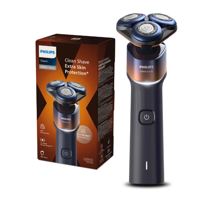 Aparat de ras PHILIPS Seria 5000 X5012/00, barbierit umed/uscat, tehnologie SkinProtect, capete flexibile 360, 50 de min, lame ComfortCut, Crom/Portocaliu