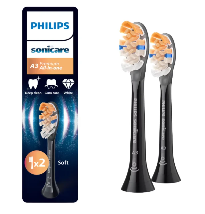 Rezerve PHILIPS Sonicare A3 Premium All in One HX9092/88, Pachet de 2 capete de periere standard, Sincronizarea modurilor BrushSync, Negru, L x A x I (mm) 25.7x60x230.5