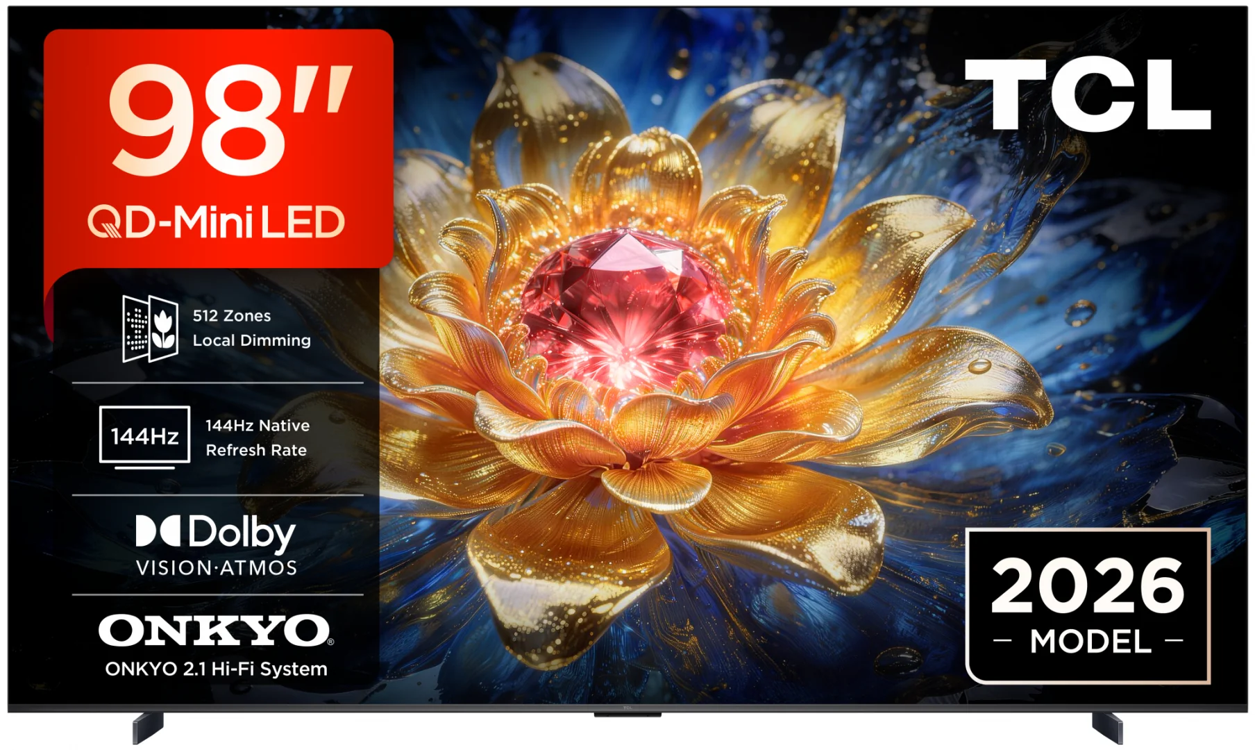 Televizor TCL QD-MiniLED 98T8D, 248 cm, Smart Google TV, 4K Ultra HD, 144Hz, Onkyo (Model 2026) TCL