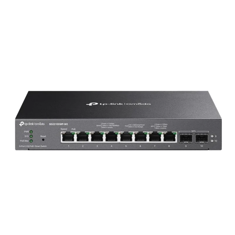 Omada 8-Port 2.5GBASE-T and 2-Port 10GE SFP+ Smart Switch with 8-Port PoE+ PORT: 8× 2.5G PoE+ Ports, 2× 10G SFP+ Slots SPEC: 802.3at/af, 160 W PoE Power, Desktop & Fanless Steel Case FEATURE: Integration with Omada SDN Controller, Static Routing, 802.1Q