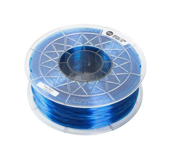 CR PETG 3D Printer Filament, transparent Blue, Printing temperature: 230-250°C, Filament diameter: 1.75mm, Tensile strength: 49MPa, Size of filament wheel: Diameter 200mm, height 66mm, hole diameter 53mm. Eco-friendly, odorless, non-toxic. Creality
