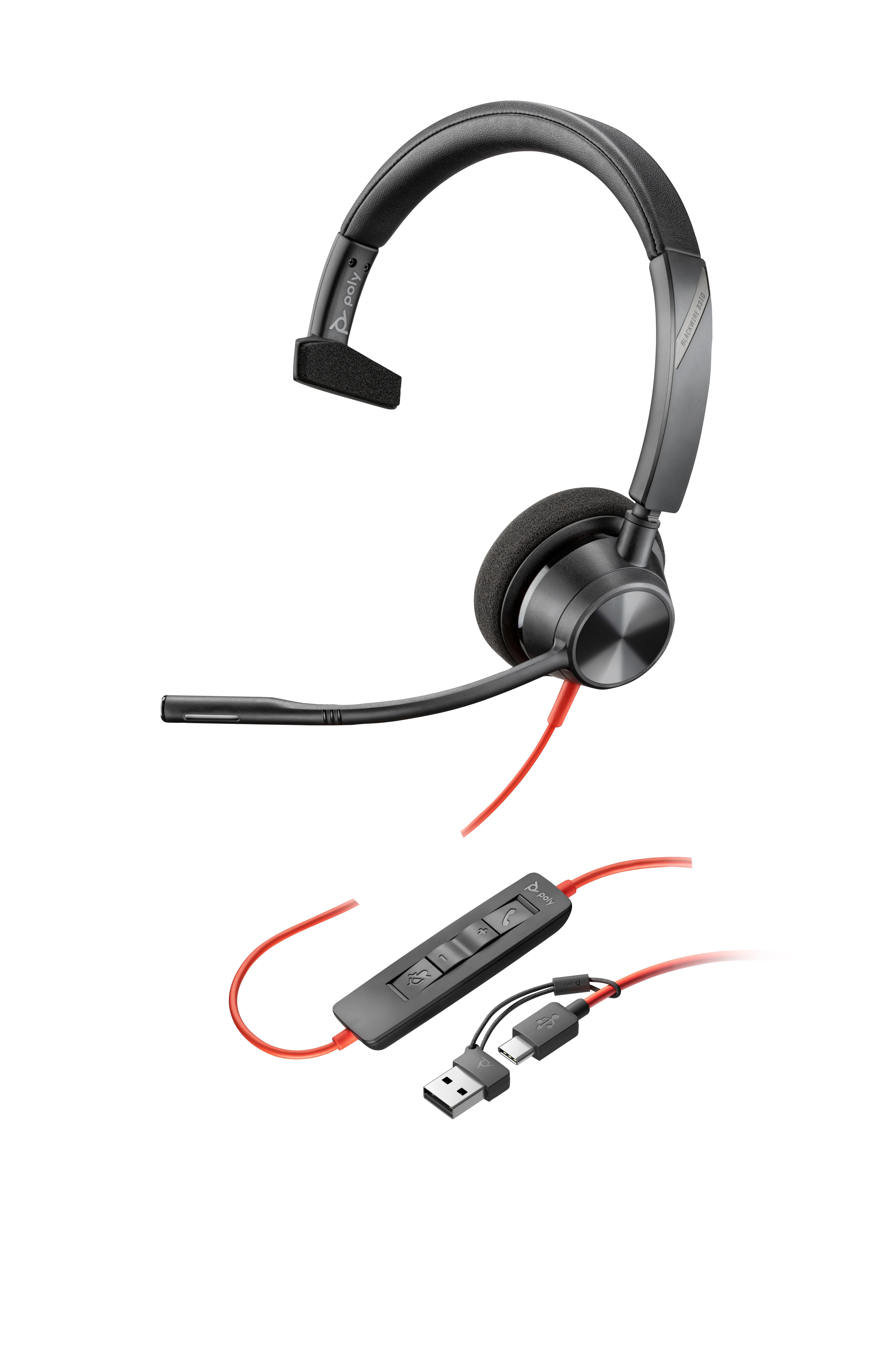 Poly Blackwire 3310 Monaural USB-C Headset +USB-C/A Adapter HP