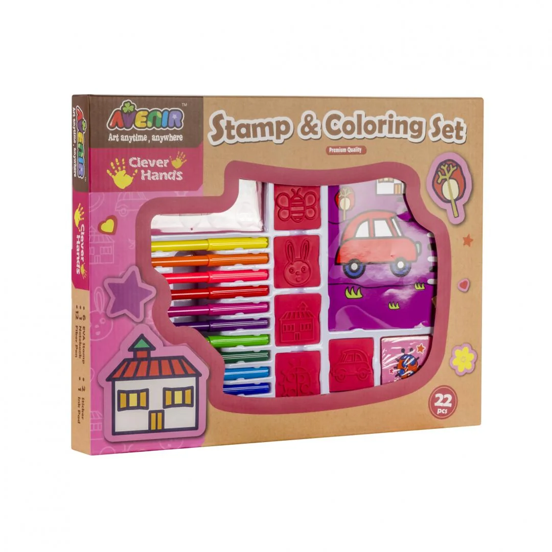 Set de colorat cu stampile si carioci Momki