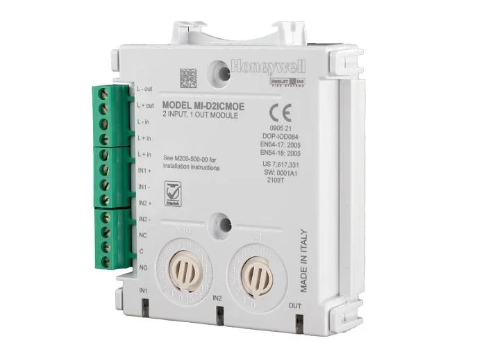 Honeywell Morley-IAS Modul 2 intrări si 1 ieșire MI/D2ICMOE, cu izolator; Curent maxim in standby 140 µA @ 24 VDC (fara comunicari); Tensiune de operare 15-32 VDC; Optiune de montare pe sina DIN;Indicator stare LED tricolor;Standard EN54-17, EN54-18; Morley