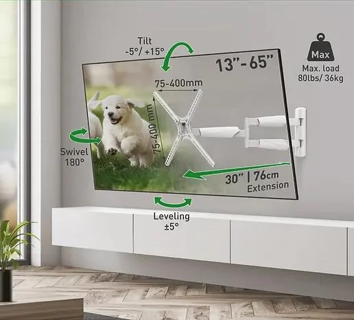 Suport TV de perete Barkan, cu brat 13"- 65", Max 36kg, VESA 400x400, alb Barkan