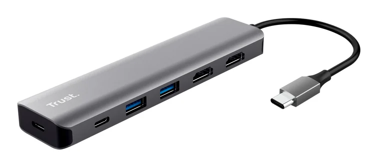 Adaptor Trust Dalyx 6-1 USBC-C 3.2 gen 1, 4.0, lungime cablu 19cm, tehnologie incarcare USB PD 3.0, gri Trust