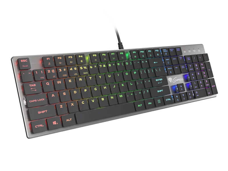 Tastatura gaming mecanica cu fir Genesis Thor 420 , iluminare RGB, switch Content Slim Blue, numar taste 104, 12 butoane multimedia, lungime cablu 165m, dimensiuni 418 x 113 x 24 mm, gri
