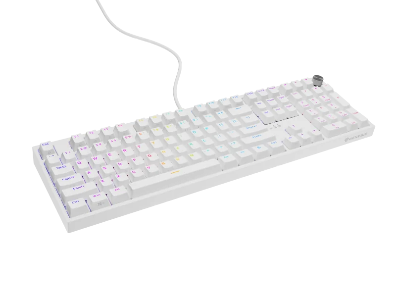 Tastatura gaming mecanica cu fir Genesis Thor 404, iluminare RGB, switch Linear, switch model Gateron Yellow Pro, numar taste 107, 11 butoane multimedia, lungime cablu 1.8m, dimensiuni 439 x 133 x 41 mm, alb
