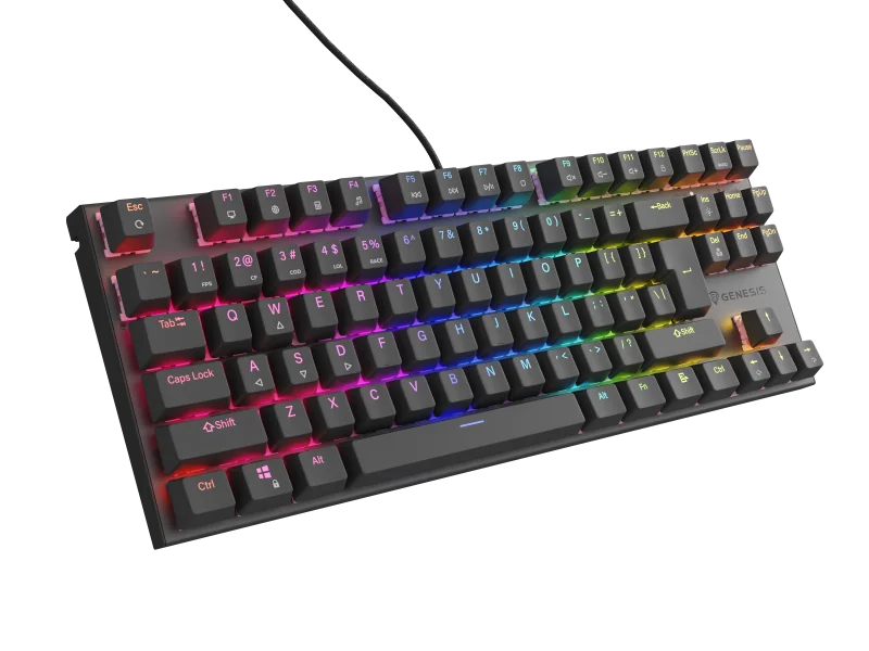 Tastatura gaming mecanica cu fir Genesis Thor 303 TKL, iluminare RGB, switch Linear, switch model Outemu Peach Silent, numar taste 87, 11 butoane multimedia, lungime cablu 1.8m, dimensiuni 355 x 136 x 36 mm, negru