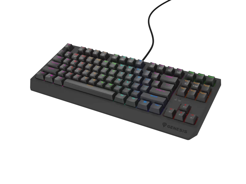 Tastatura gaming mecanica cu fir Genesis Thor 230 TKL Lite, iluminare multicolor, switch Linear, switch model Outemu Red, numar taste 87, 11 butoane multimedia, lungime cablu 1.6m, dimensiuni 363 x 155 x 39 mm, negru