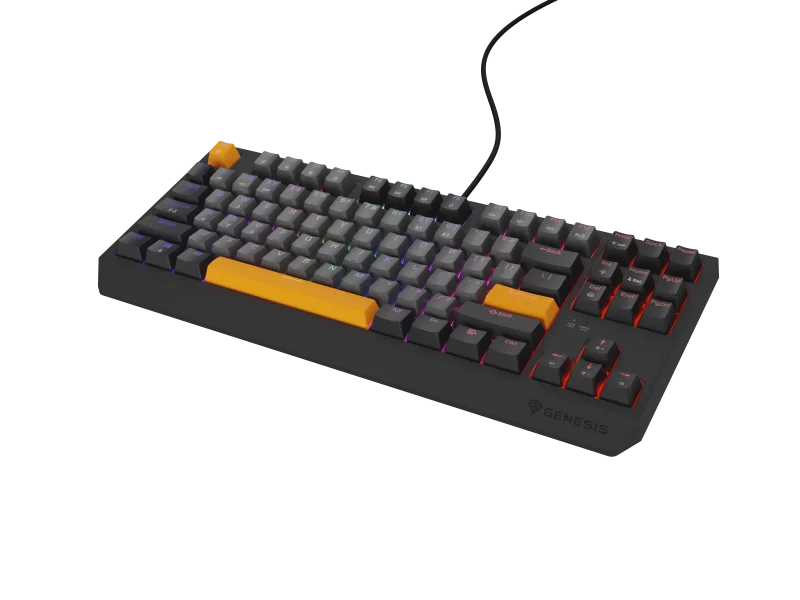 Tastatura gaming mecanica cu fir Genesis Thor 230 TKL, iluminare RGB, switch Linear, switch model Outemu Red, numar taste 87, 11 butoane multimedia, lungime cablu 1.6m, dimensiuni 363 x 155 x 39 mm, gri