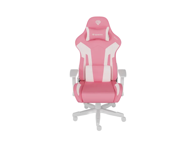 Scaun gaming Genesis Nitro 710, material piele ecologica, reglabil pe inaltime, greutate maxima suportata 150 kg, inaltime scaun reglabil 47.5 - 54.5 cm, spatar ajustabil 135°, dimensiuni roti 60mm,  echipat cu piston cu gaz clasa 4, manere 2D, roz/alb