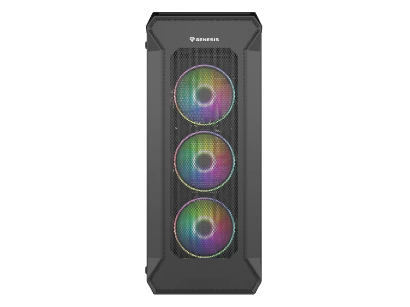Carcasa GENESIS IRID 505 V2 Mid Tower ARGB NEGRU, Tempered Glass, Sloturi Expansiune 8, Drive Bays: 2x3.5" 7x2.5", Ventilatoare Suportate: 6 (spate: 1x120mm, fata: 3x120mm sau 2x140mm, sus: 2x120mm sau 2x140mm), Ventilatoare Incluse: 4 (4x120mm OXAL
