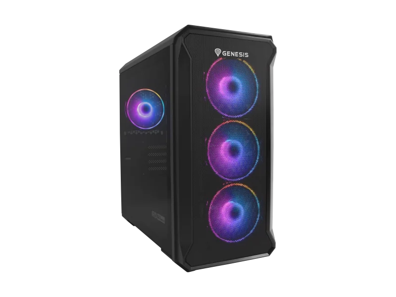 Carcasa GENESIS IRID 503 V2 Mini Tower ARGB NEGRU, Tempered Glass, Sloturi Expansiune 5, Drive Bays: 2x3.5" 3x2.5", Ventilatoare Suportate: 6 (spate: 1x120mm, fata: 3x120mm sau 2x140mm, sus: 2x120mm sau 2x140mm), Ventilatoare Incluse: 4 (4x120mm), Format