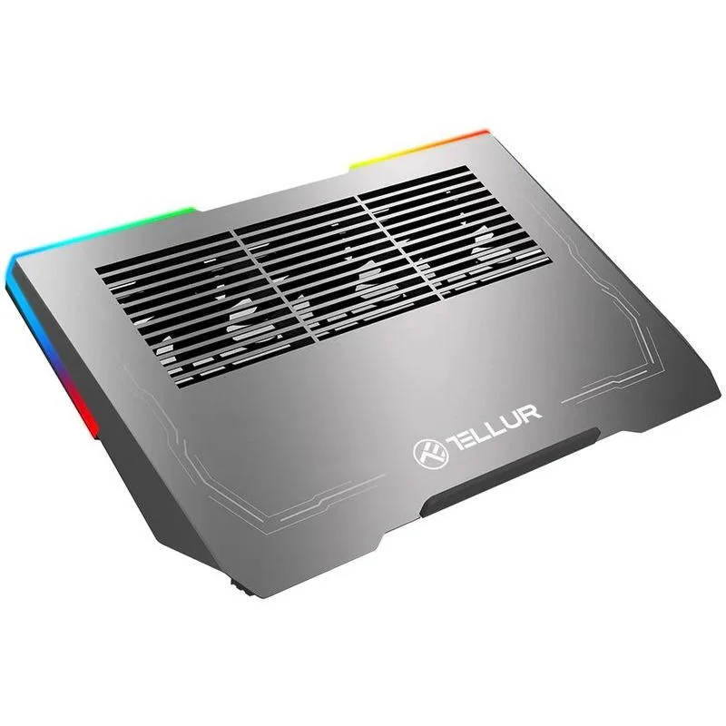 Cooler laptop Tellur Shade, pentru laptpori cu dimensiunea de 17", 3 ventilatoare, conexiune USB-A sau USB-C plug and play, iluminare RGB LED, gri