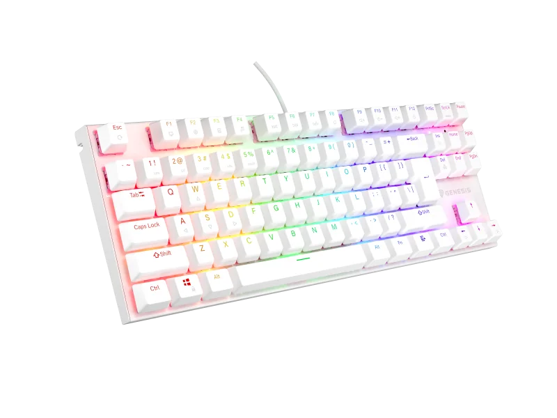Tastatura gaming mecanica cu fir Genesis Thor 303 TKL, iluminare RGB, switch Linear, switch model Outemu Pitch Silent, numar taste 87, 11 butoane multimedia, lungime cablu 1.8m, dimensiuni 355 x 136 x 36 mm ,alb