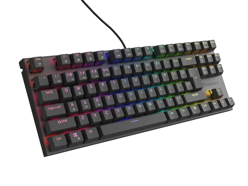 Tastatura gaming mecanica cu fir Genesis Thor 303 TKL, iluminare RGB, switch Linear, switch model Outemu Red, numar taste 87, 11 butoane multimedia, lungime cablu 1.8m, dimensiuni 355 x 136 x 36 mm, negru