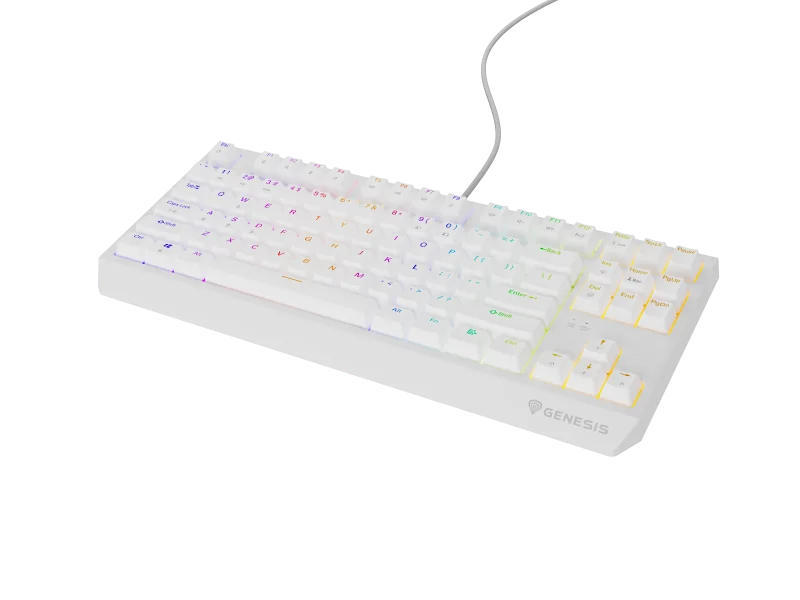 Tastatura gaming mecanica cu fir Genesis Thor 230 TKL, iluminare RGB, switch Linear, switch model Outemu Red, numar taste 87, 11 butoane multimedia, lungime cablu 1.6m, dimensiuni 363 x 155 x 39 mm, alb