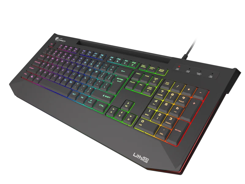 Tastatura gaming cu fir Genesis LITH 400, iluminare RGB, mecanism taste X-Scissors, numar taste 104, lungime cablu 1.8m, dimensiuni 465 x 25 x 195 mm, negru